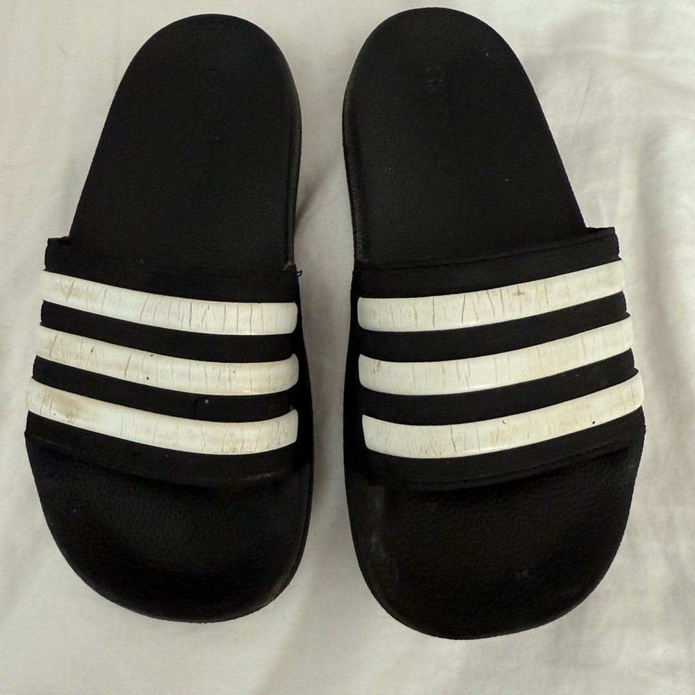 Adidas Black and White Striped Slides